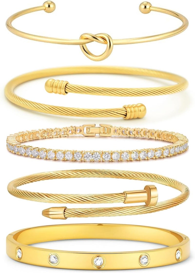 FAFUGA 18 K Gold Plated Love Bangle Bracelet Stack Cuff Jewelry for Women Jewelry Set for Women Gift with Box - Image 1